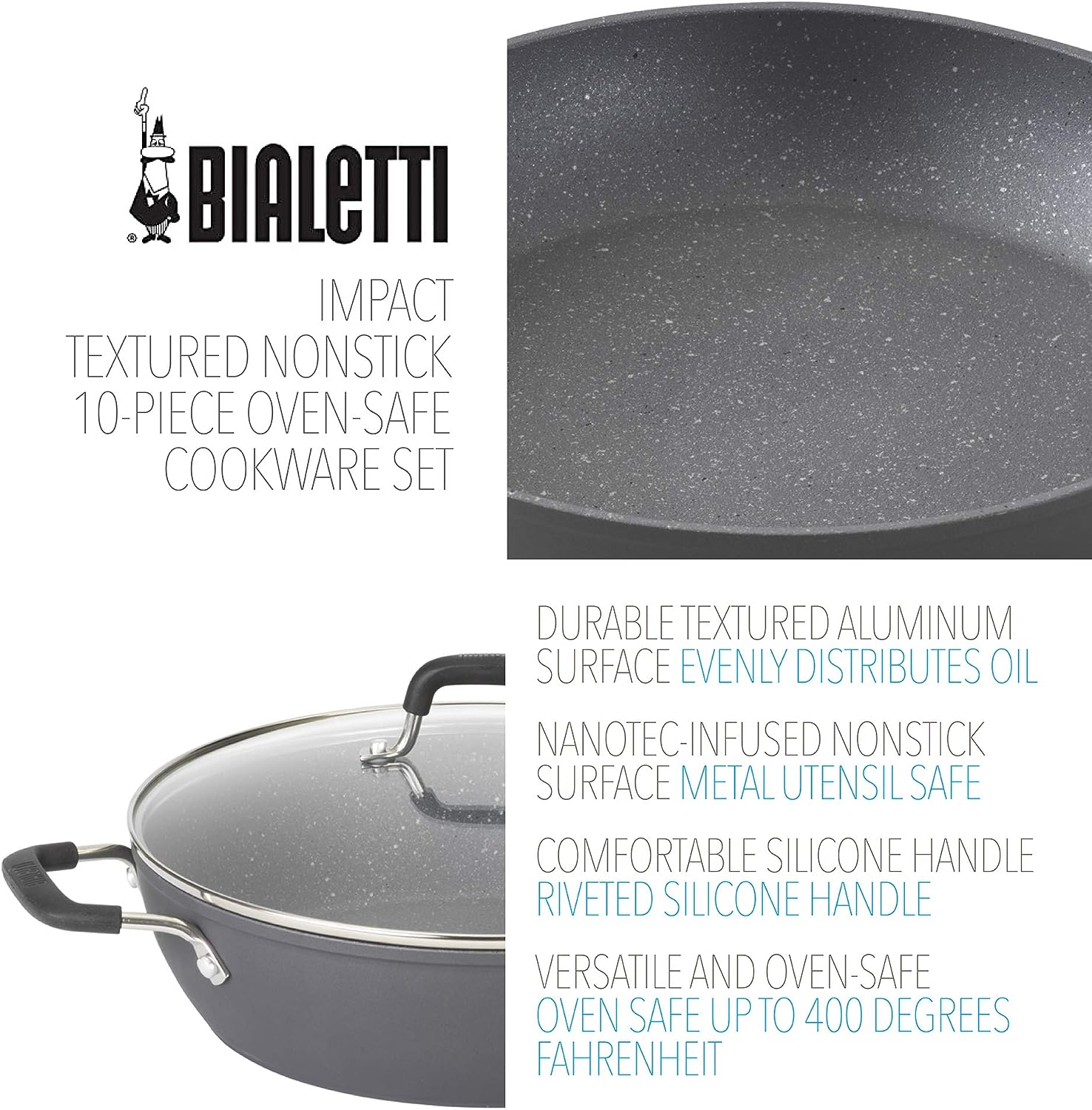 Bialetti 10-Piece Impact Textured Pots and Pans Kitchen Cookware Set, Gray