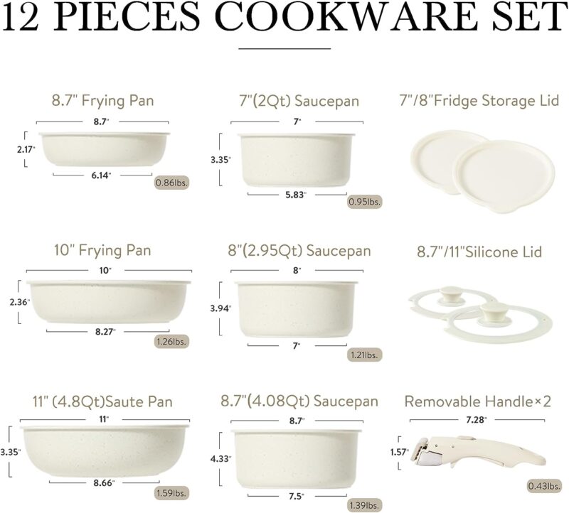 CAROTE 12pcs Pots and Pans Set, Nonstick Cookware Set Detachable Handle, Induction Kitchen Cookware Sets Non Stick with Removable Handle, RV Cookware Set, Dishwasher/Oven Safe