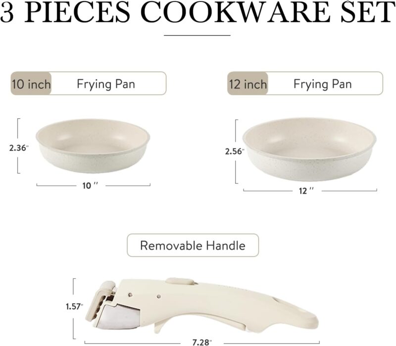 CAROTE 3pcs Pots and Pans Set, Nonstick Cookware Set Detachable Handle, Induction Kitchen Cookware Sets Non Stick with Removable Handle, RV Cookware Set, Dishwasher/Oven Safe