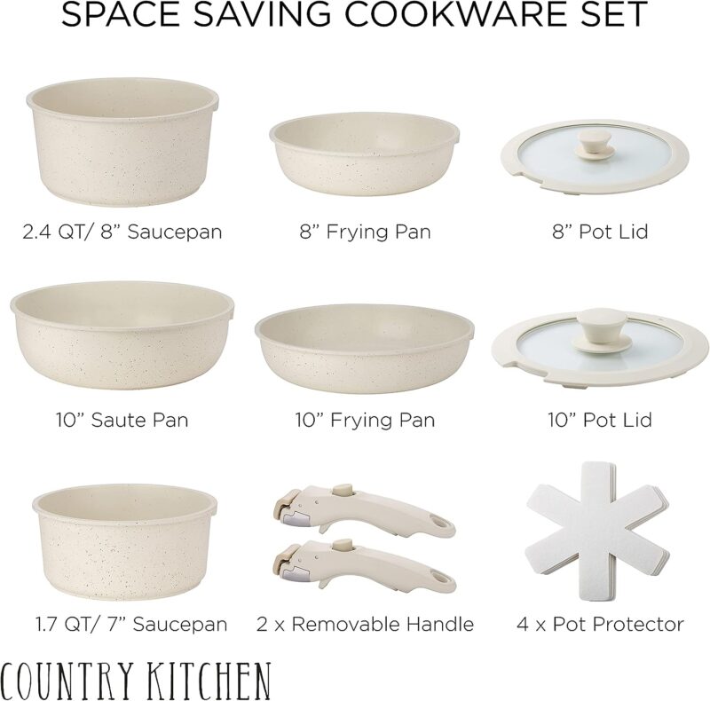 Country Kitchen 13 Piece Pots and Pans Set - Safe Nonstick Kitchen Cookware with Removable Handle, RV Cookware Set, Oven Safe (Cream)