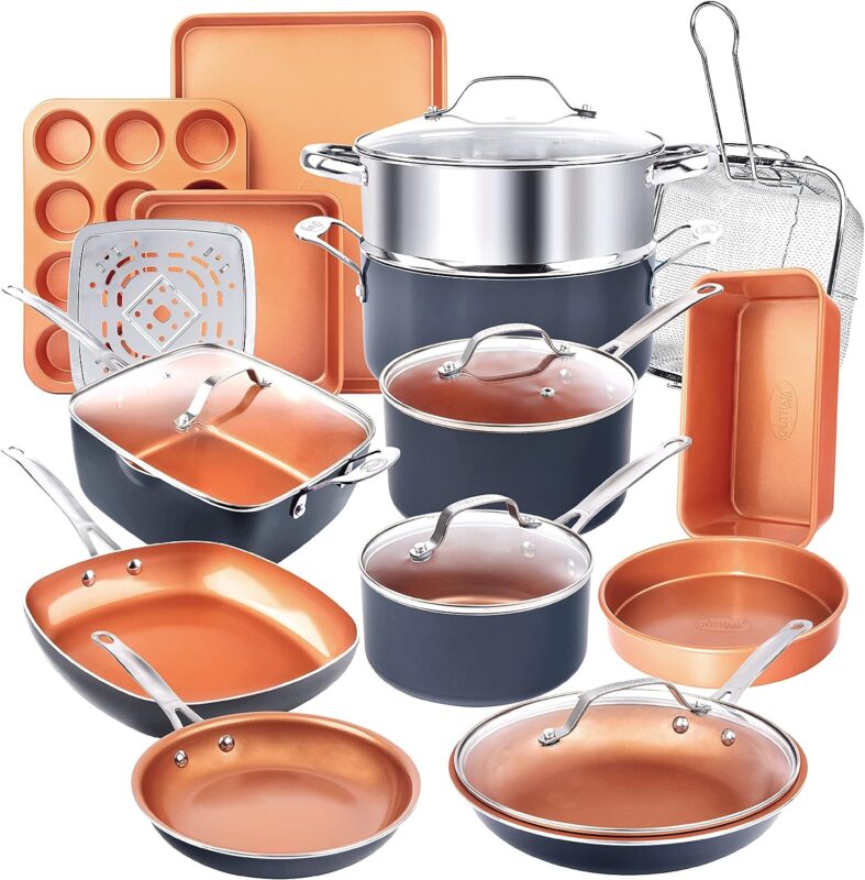 Gotham Steel 20 Pc Pots and Pans Set Nonstick Cookware Set + Bakeware Set, Ceramic Cookware Set for Kitchen, Long Lasting Non Stick Pots and Pans Set with Lids Dishwasher / Oven Safe, Non Toxic-Copper