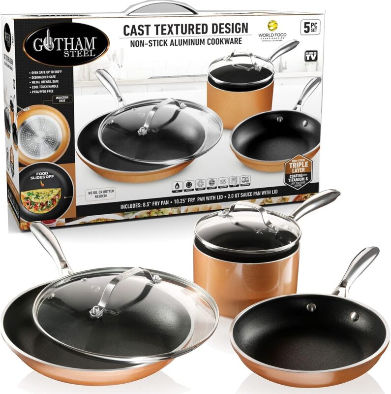 Gotham Steel Copper Cast 5 Piece Cookware, Pots and Pan Set with Triple Coated Nonstick Copper Surface  Aluminum Composition for Even Heating, 100% Non-Toxic, Oven, Stovetop  Dishwasher Safe
