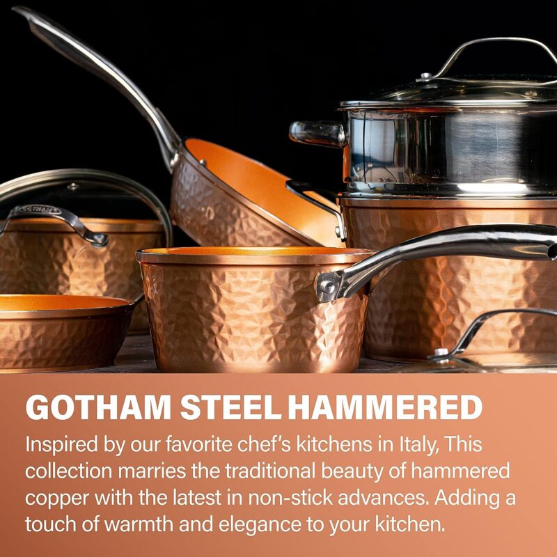 Gotham Steel Hammered 15 Pc Pots and Pans Set Nonstick Cookware Set, Ceramic Cookware Set + Bakeware Set, Ceramic Pans for Cooking Non Toxic, Induction Cookware Set for Kitchen, Oven / Dishwasher Safe
