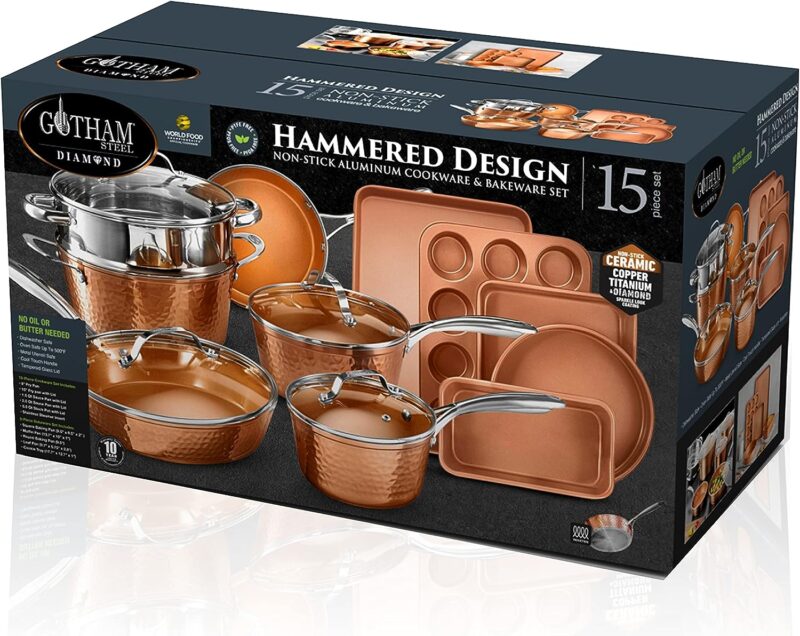 Gotham Steel Hammered 15 Pc Pots and Pans Set Nonstick Cookware Set, Ceramic Cookware Set + Bakeware Set, Ceramic Pans for Cooking Non Toxic, Induction Cookware Set for Kitchen, Oven / Dishwasher Safe