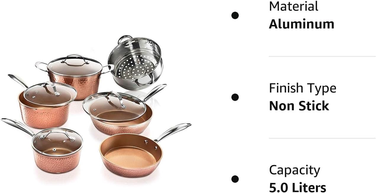 Gotham Steel Pots and Pans Set – Premium Ceramic Cookware with Triple Coated Ultra Nonstick Surface for Even Heating, Oven, Stovetop  Dishwasher Safe, 10 Piece, Hammered Copper