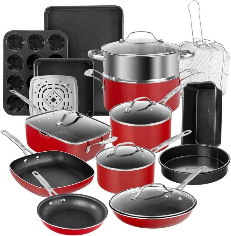 Granitestone Red Pots and Pans Set Nonstick, 20 Pc Kitchen Cookware Set  Bakeware Set with Mineral  Diamond Coating, Long Lasting Nonstick, Ultra Durable, Oven and Dishwasher Safe, 100% Toxin Free