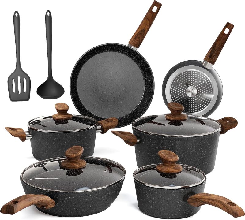 MAISON ARTS 12 Piece Pots and Pans Set Kitchen Cookware Sets Nonstick Granite Cooking Set for Induction  Dishwasher Safe, Oven, Stovetop, Black