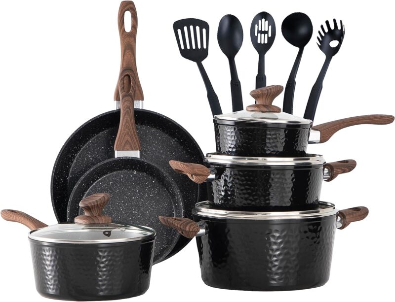 MAISON ARTS Pots and Pans Set, 15 Piece Kitchen Cookware Sets with Nonstick Granite-Coated for Induction  Dishwasher Safe, Oven, Stovetop, Black