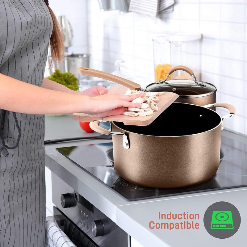 NutriChef 14-Piece Nonstick Cookware PTFE/PFOA/PFOS-Free Heat Resistant Lacquer Kitchen Ware Set w/Saucepan, Frying Pans, Cooking, Dutch Oven Pot, Lids, Utensil NCCW14S, AGold