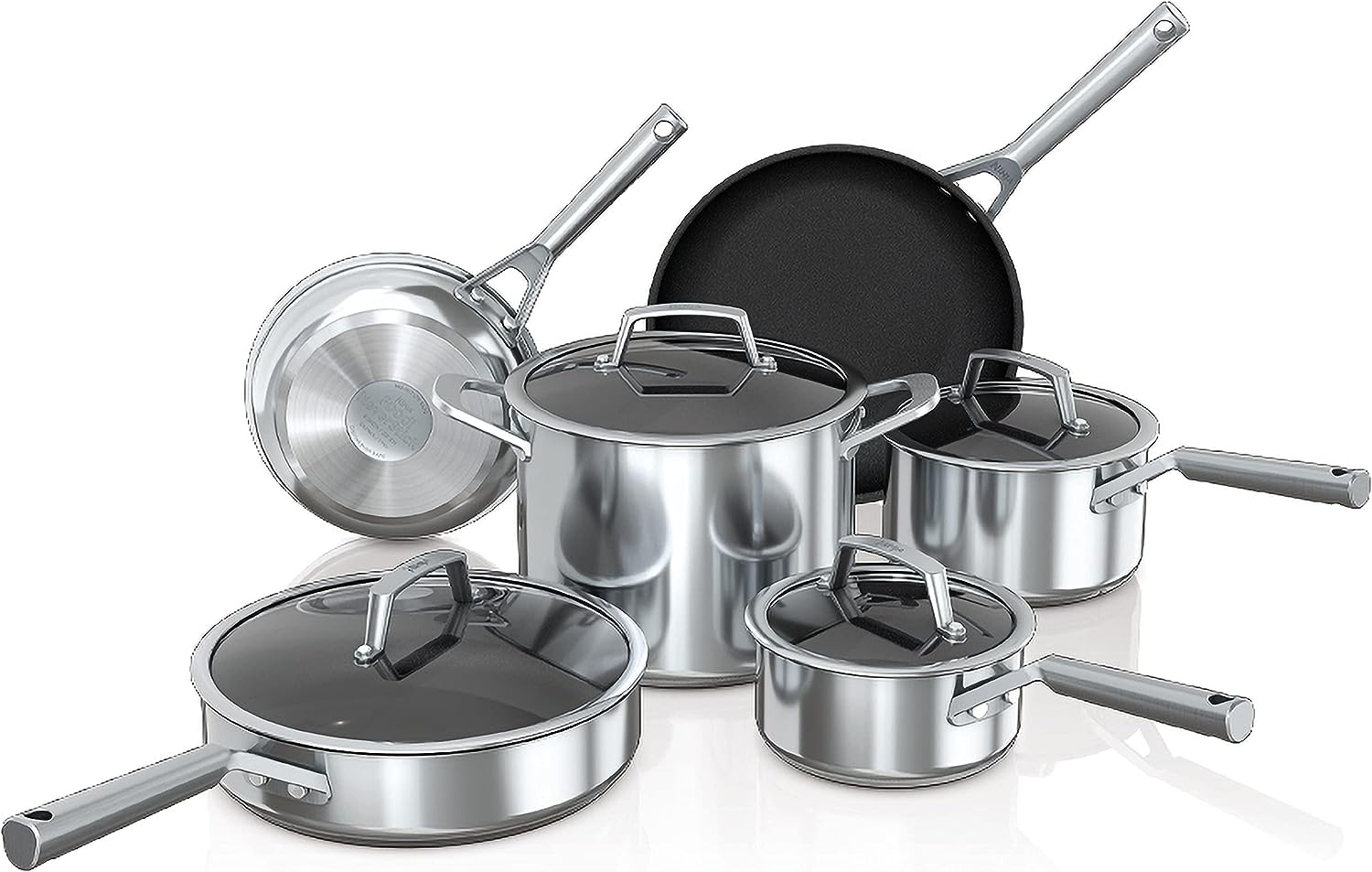 Ninja C69500 Foodi NeverStick Stainless 10-Piece Cookware Set with Glass Lids, Polished Stainless-Steel Exterior, Nonstick, Durable  Oven Safe to 500°F, Silver