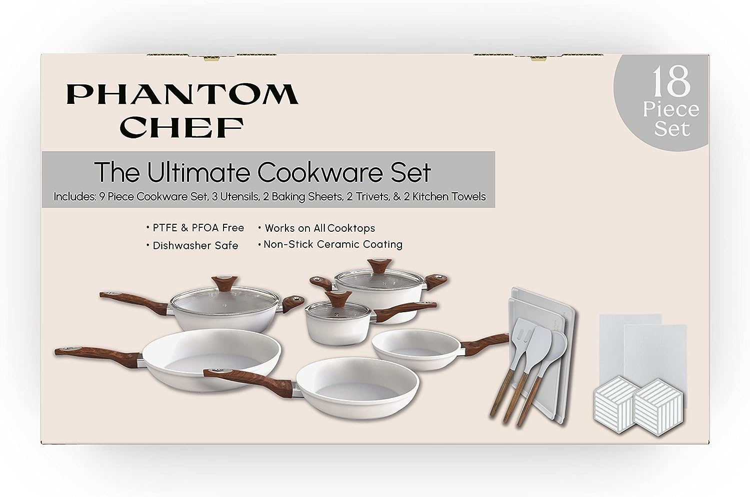 PHANTOM CHEF 18-Piece Cookware Set | Non-Stick Ceramic Coating | Oven  Dishwasher Safe | PFOA-Free | Aluminum Pots  Pans Set with Lids | Stay-Cool Handles | Induction Stovetop Compatible (Beige)
