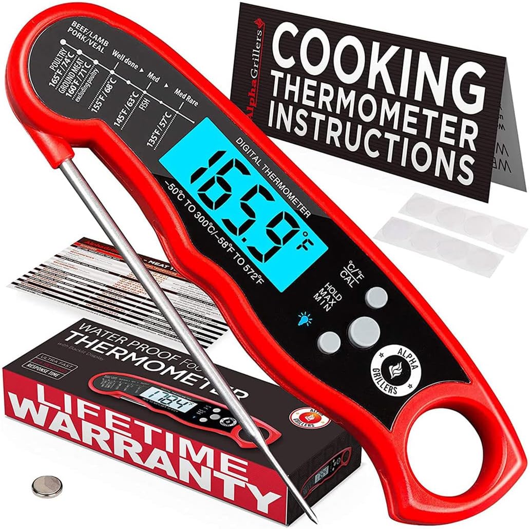 Alpha Grillers Instant Read Meat Thermometer for Grill and Cooking. Best Waterproof Ultra Fast Thermometer with Backlight  Calibration. Digital Food Probe for Kitchen, Outdoor Grilling and BBQ!