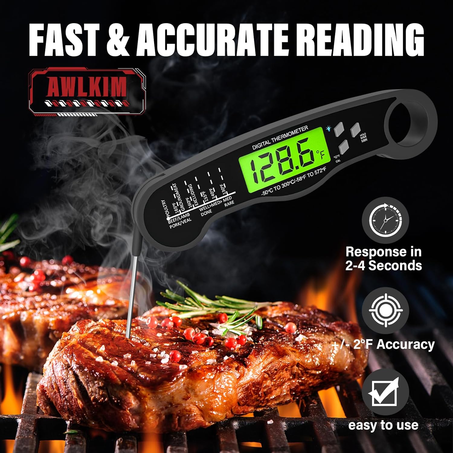 AWLKIM Meat Thermometer Digital - Fast Instant Read Food Thermometer for Cooking, Candy Making, Outside Grill, Waterproof Kitchen Thermometer with Backlight  Hold Function - Red