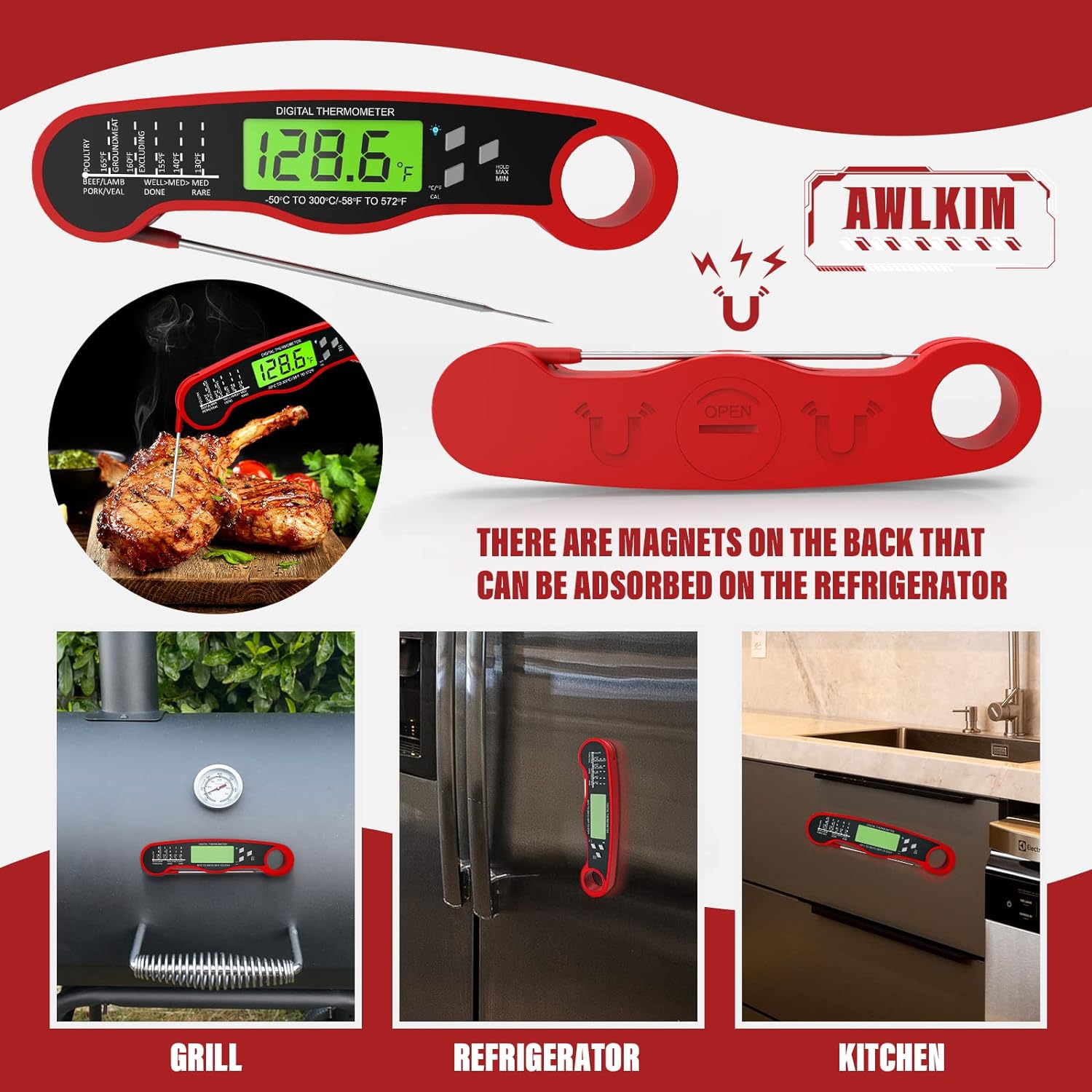 AWLKIM Meat Thermometer Digital - Fast Instant Read Food Thermometer for Cooking, Candy Making, Outside Grill, Waterproof Kitchen Thermometer with Backlight  Hold Function - Red