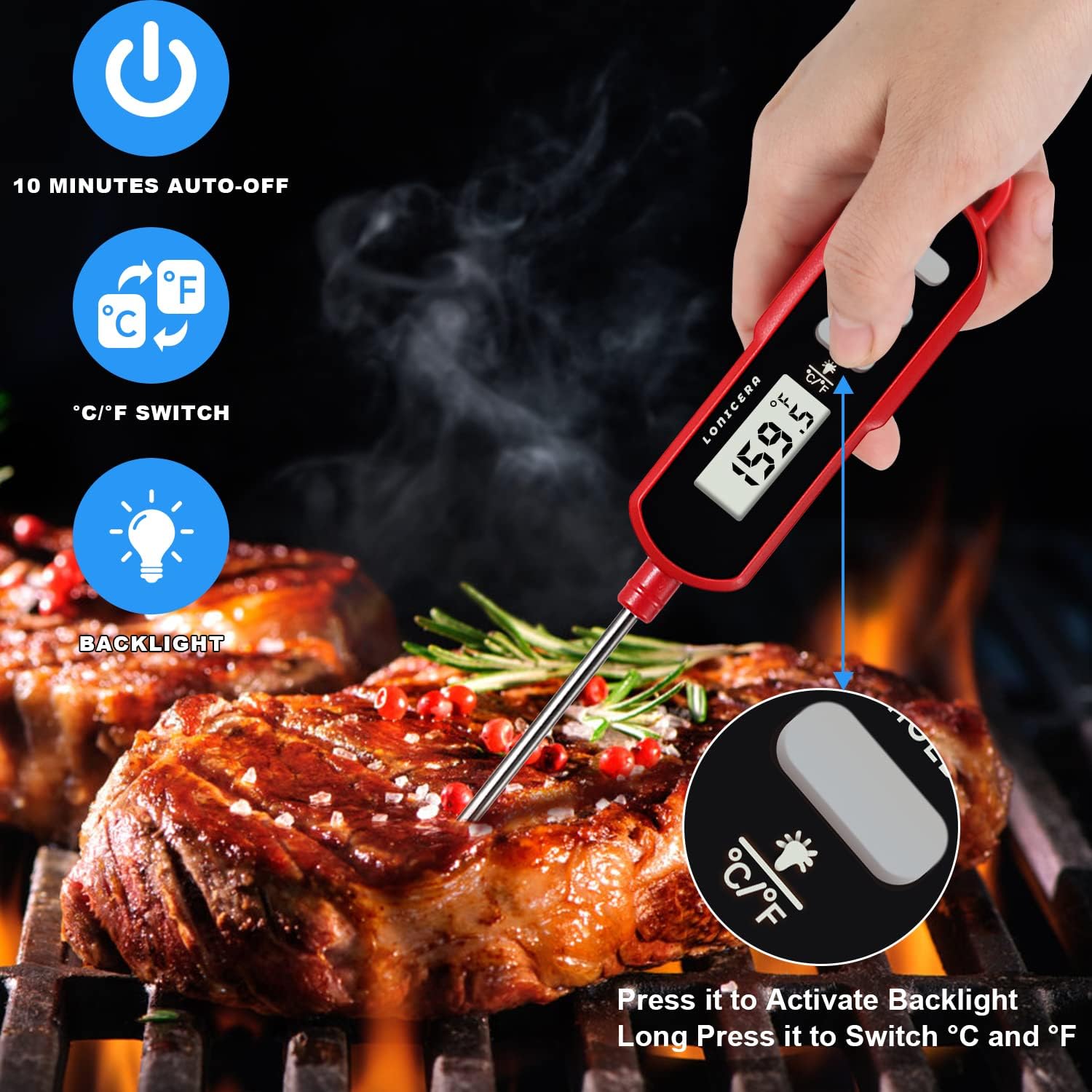 Lonicera Instant Read Digital Meat Thermometer for Food, Bread Baking, Water and Liquid. Waterproof and Long Probe with Meat Temp Guide for Cooking, Display with Backlit (Red)