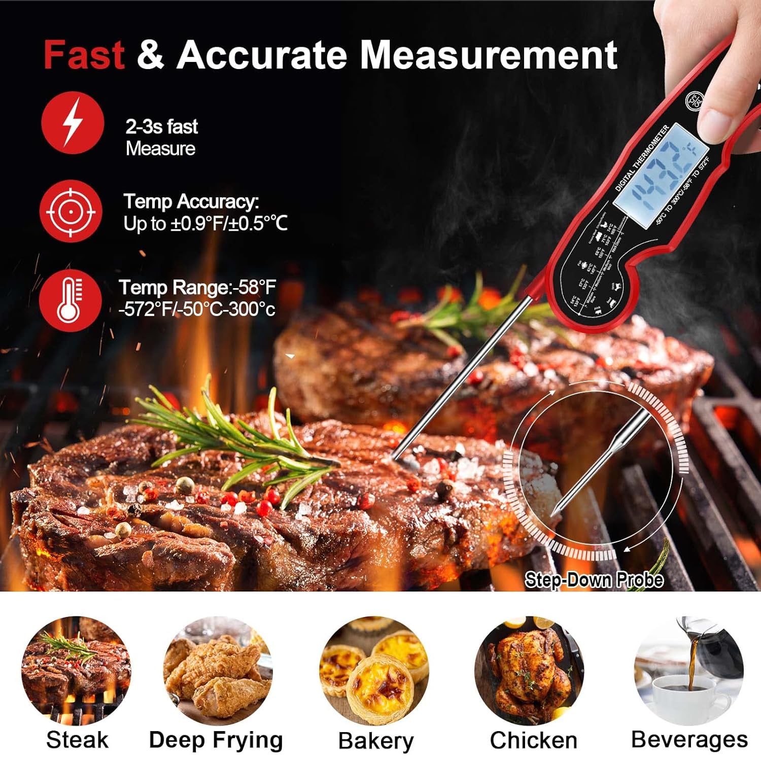 Meat Thermometer Digital for Grilling and Cooking - ANDAXIN Waterproof Ultra-Fast Instant Read Food thermometers with Backlight  Calibration for Kitchen, Deep Fry, BBQ, Grill(Red/Black), LCD