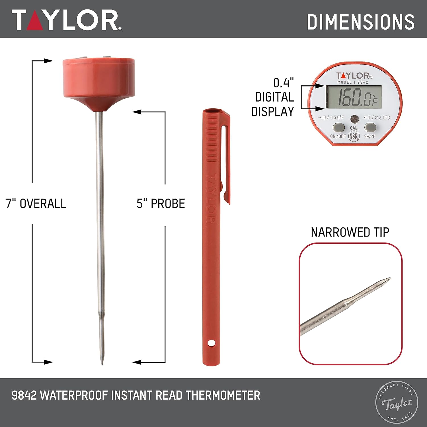Taylor Waterproof Digital Instant Read Thermometer For Cooking, BBQ, Grilling, Baking, And Meat, Comes With Pocket Sleeve Clip, Red