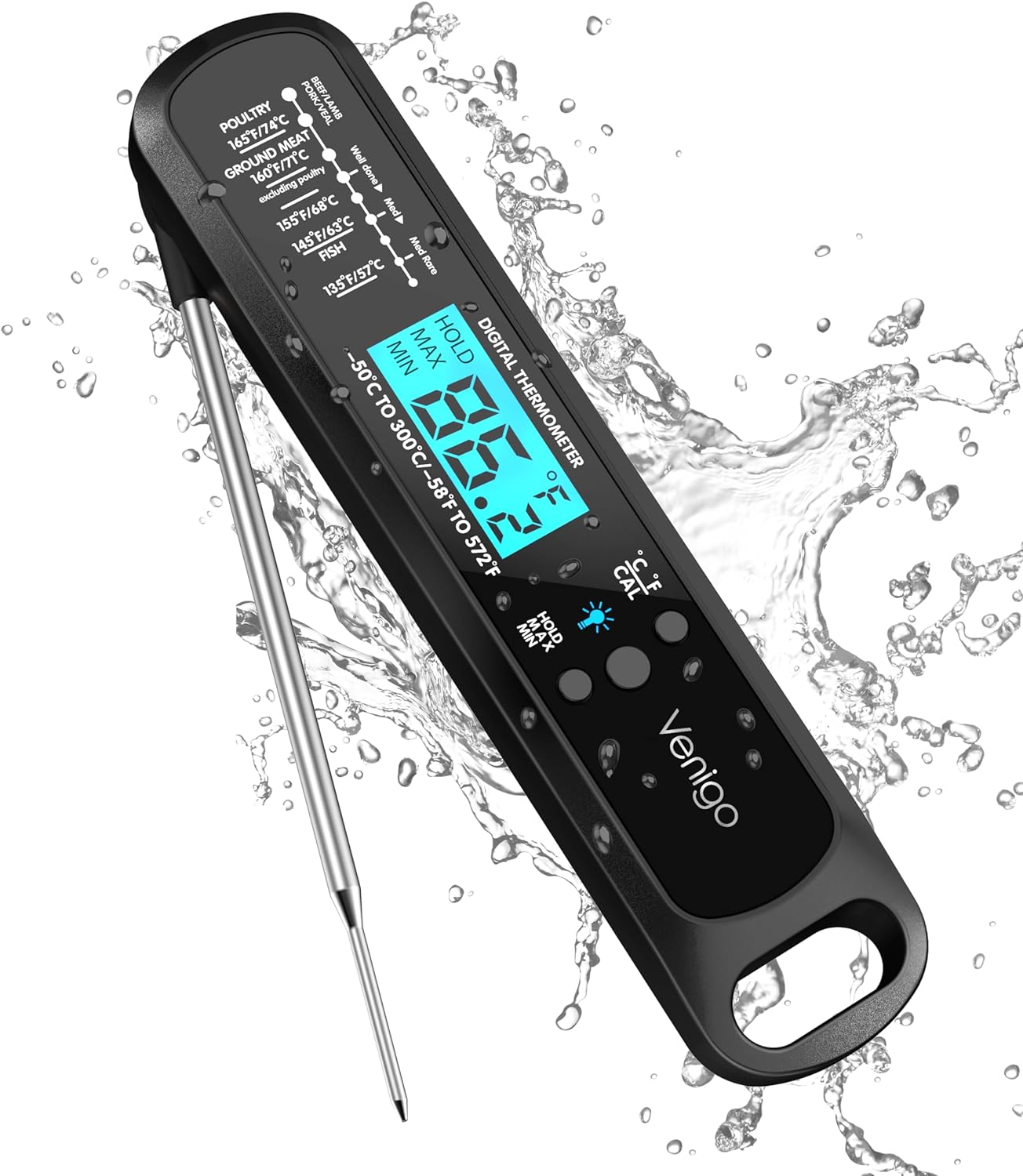 Venigo Digital Meat and Food Thermometer for Cooking and Grilling, Waterproof Instant-Read Cooking Thermometer, Kitchen Probe Thermometer for Baking, Roasting, Smoking, Deep Frying (Black)