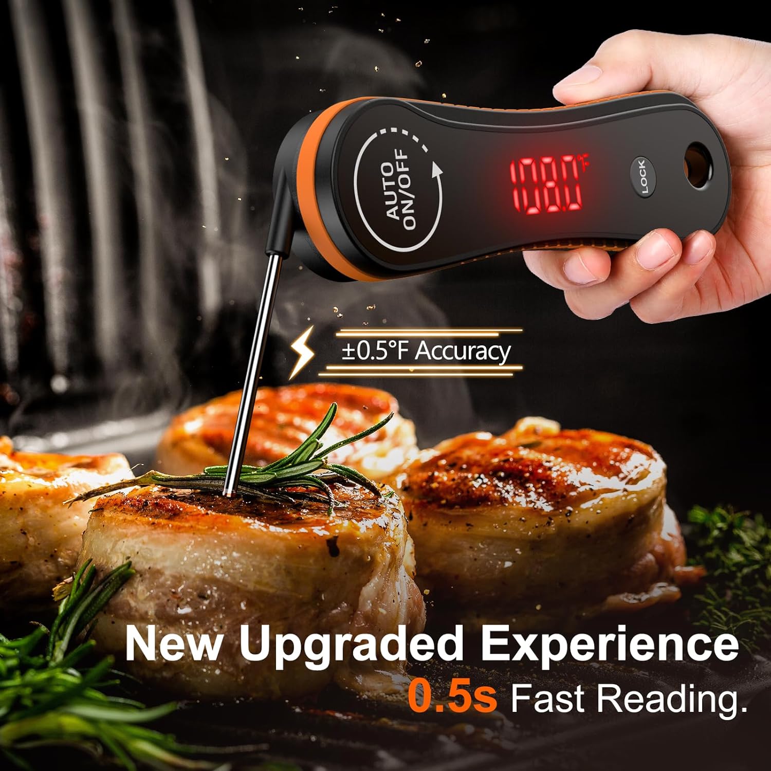 0.5 Seconds Instant Read Digital Meat Thermometer, ±0.5°F Accuracy, 180°Rotating Display, IP67 Waterproof Non-Slip Handle, Lift to Wake and Auto Off, Food Thermometer for Precise Cooking