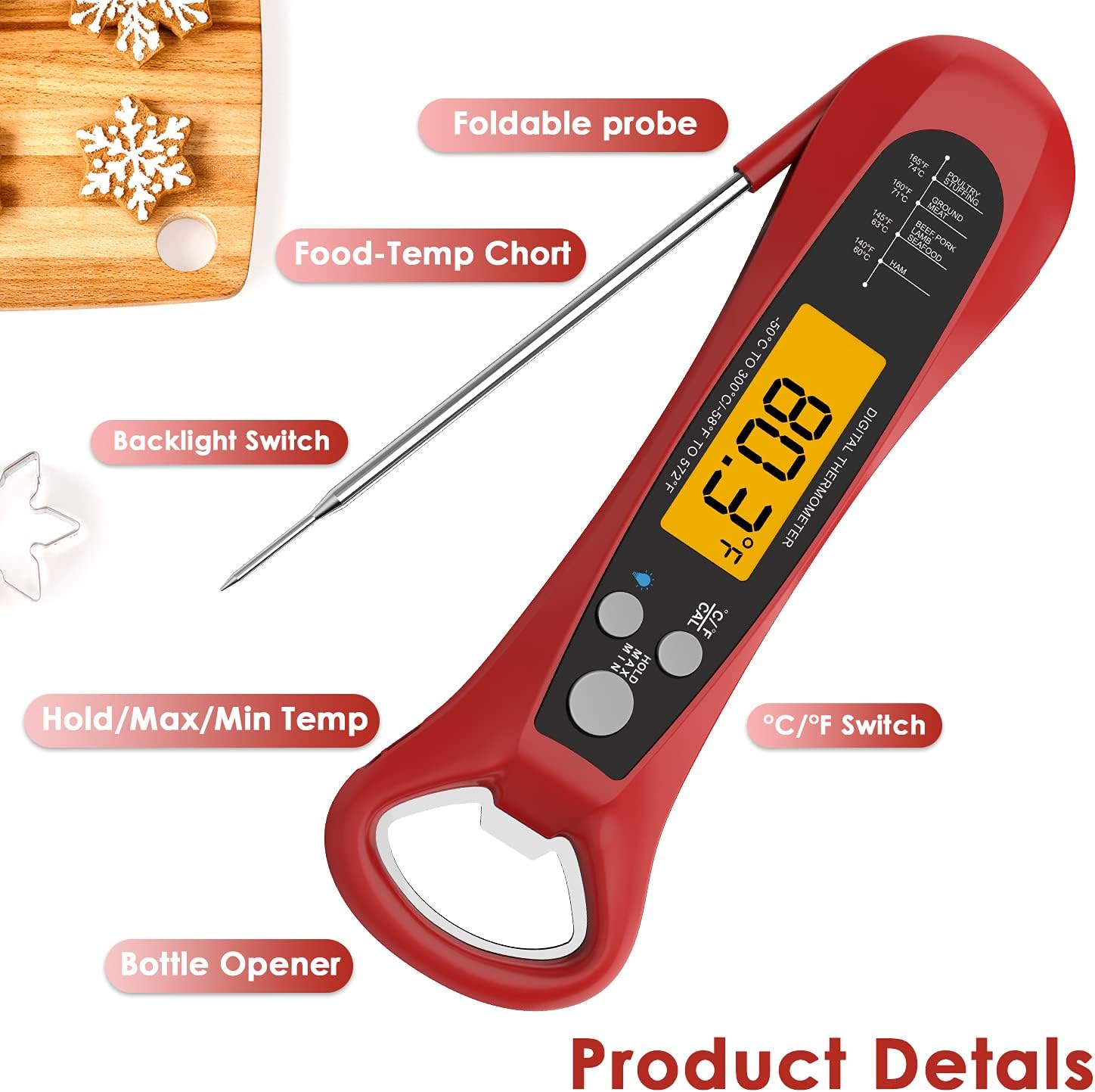 Instant Read Meat Thermometer for Cooking, Fast  Precise Digital Food Thermometer with Backlight, Magnet, Calibration, Foldable Probe, Waterproof Grill Thermometer for Deep Fry, BBQ, Roast Turkey