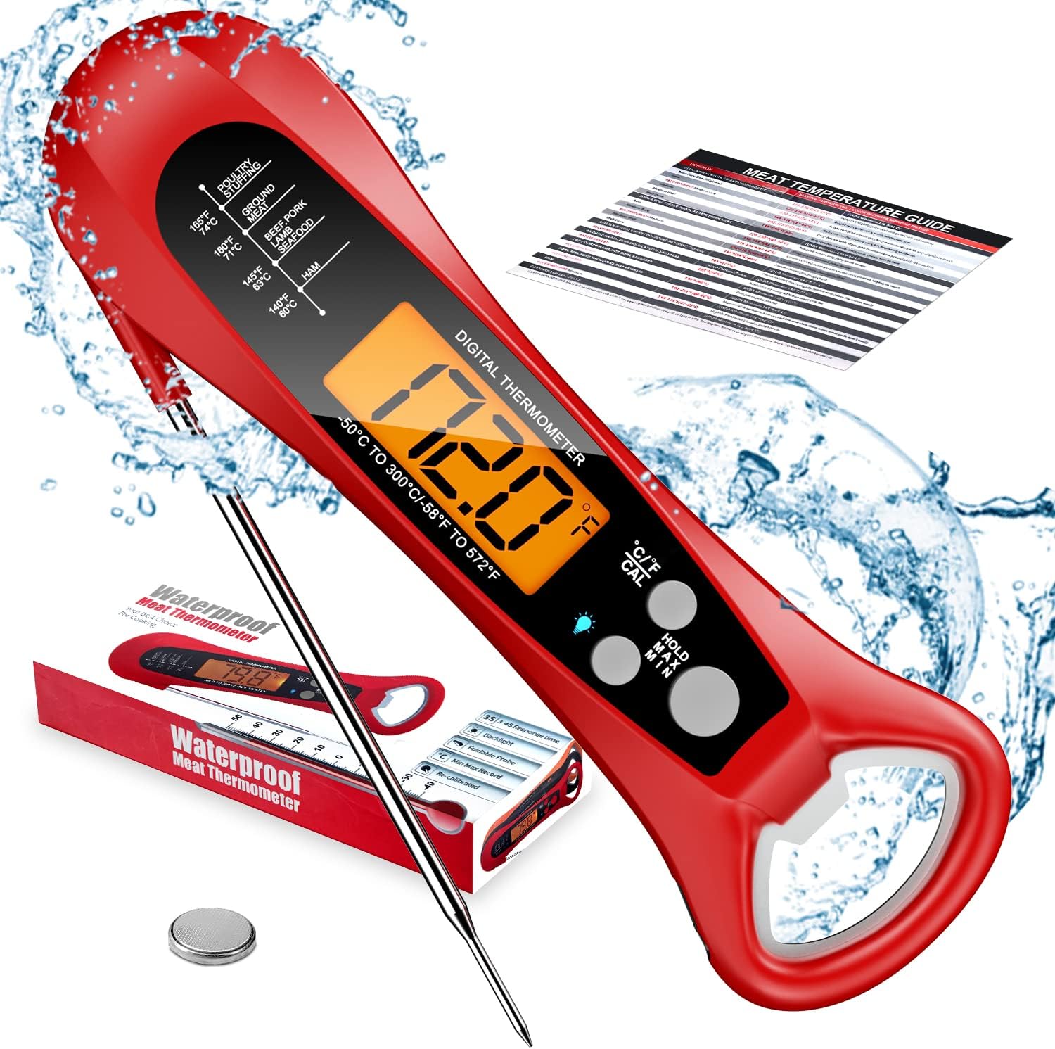 Instant Read Meat Thermometer for Cooking, Fast  Precise Digital Food Thermometer with Backlight, Magnet, Calibration, Foldable Probe, Waterproof Grill Thermometer for Deep Fry, BBQ, Roast Turkey