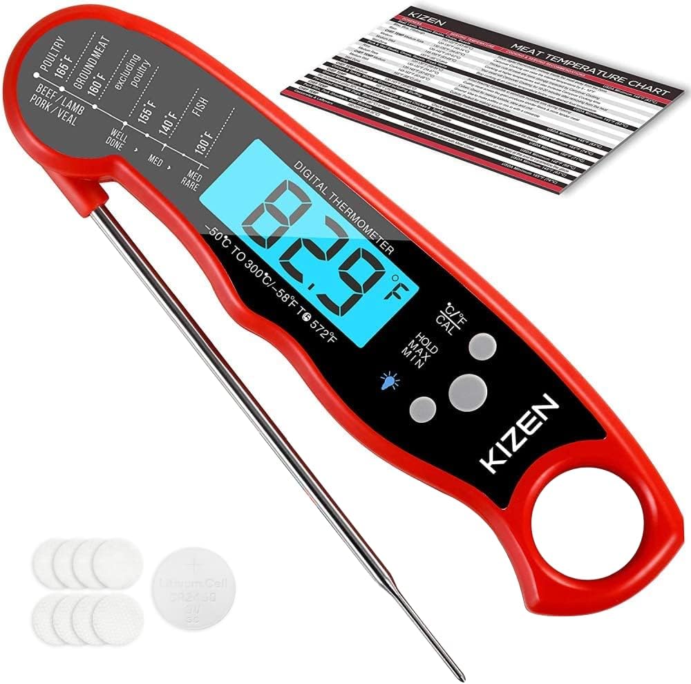 KIZEN Digital Meat Thermometer with Probe - Instant Read Food Thermometer for Cooking, Grilling, BBQ, Baking, Liquids, Candy, Deep Frying, and More - Red/Black
