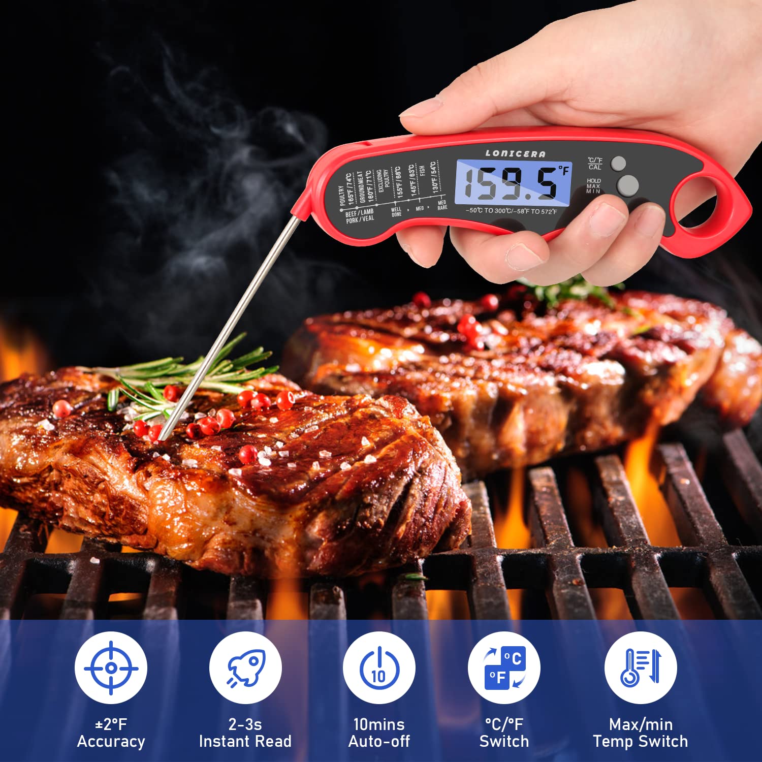 Lonicera Digital Meat Thermometer for Food Cooking. Waterproof  Instant Read for Kitchen Baking, BBQ. with Foldable Probe, Backlight  Calibration (Red)