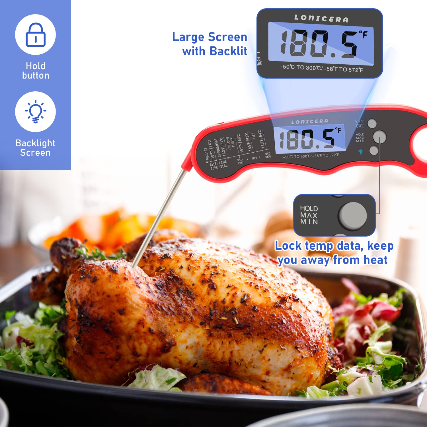 Lonicera Digital Meat Thermometer for Food Cooking. Waterproof  Instant Read for Kitchen Baking, BBQ. with Foldable Probe, Backlight  Calibration (Red)