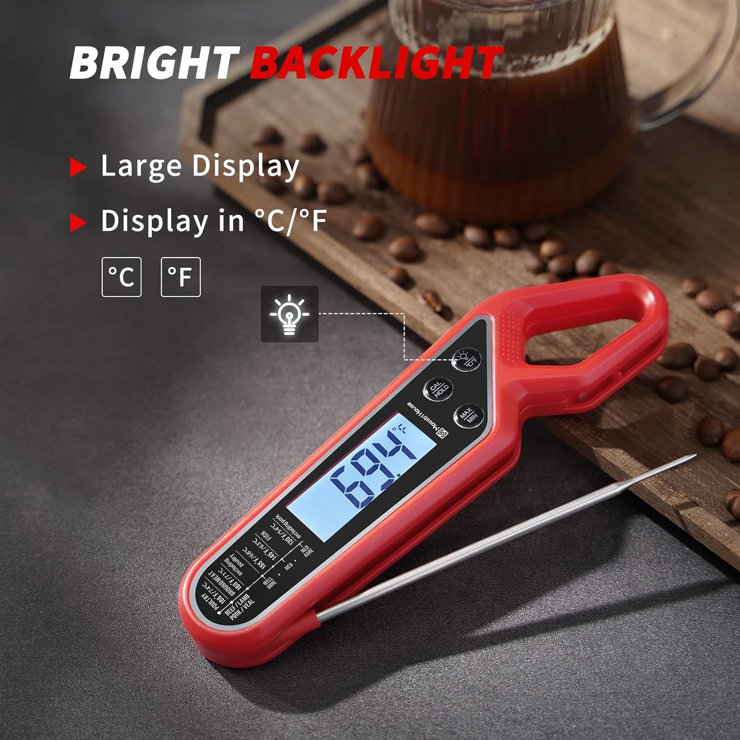 Maestri House Instant Read Meat Thermometer for Cooking, Digital Waterproof Food Thermometer with Backlight, Magnet, Calibration and Foldable Probe for Grill, Kitchen, Baking, BBQ, Candy (Red)