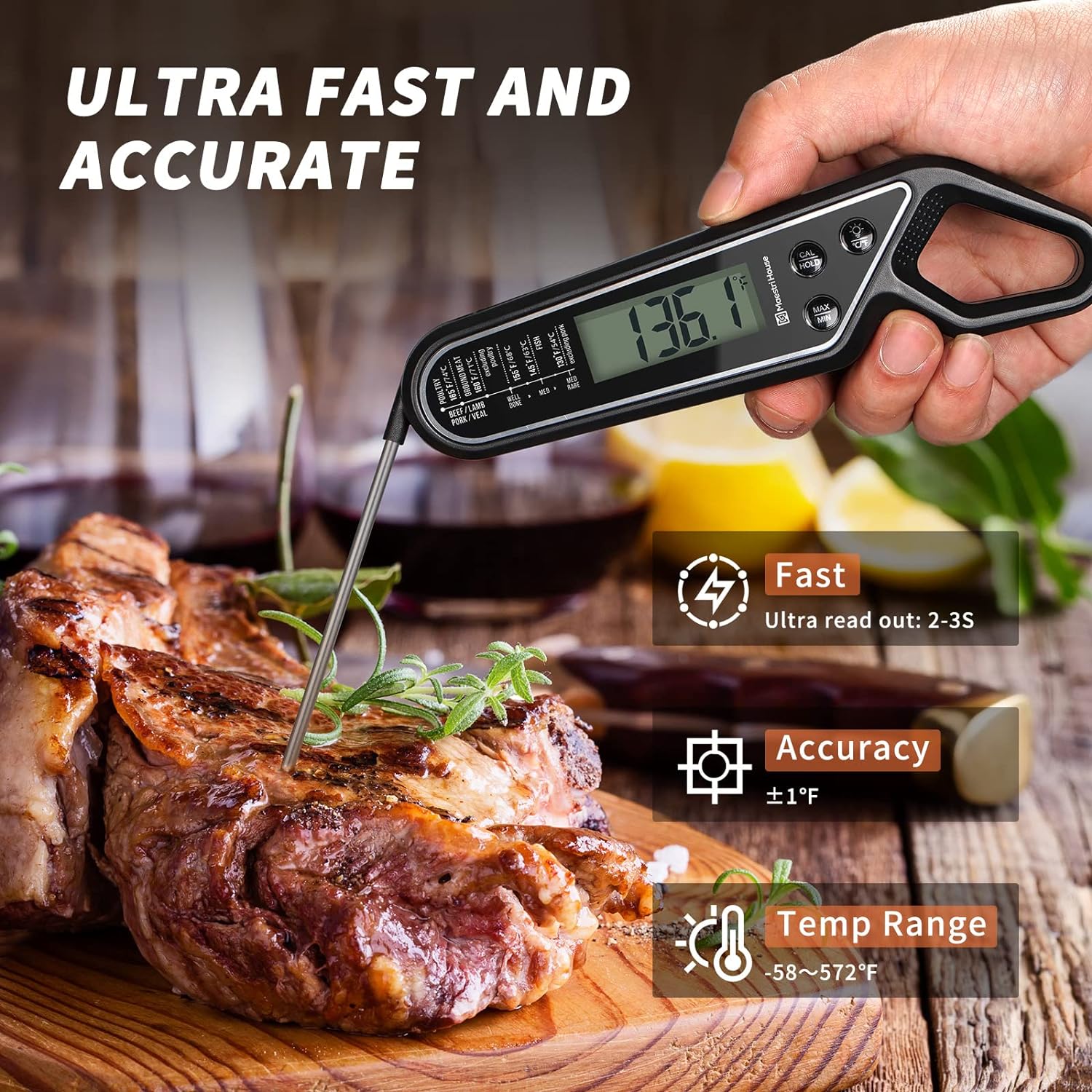 Maestri House Instant Read Meat Thermometer for Cooking, Digital Waterproof Food Thermometer with Backlight, Magnet, Calibration and Foldable Probe for Grill, Kitchen, Baking, BBQ, Candy (Red)