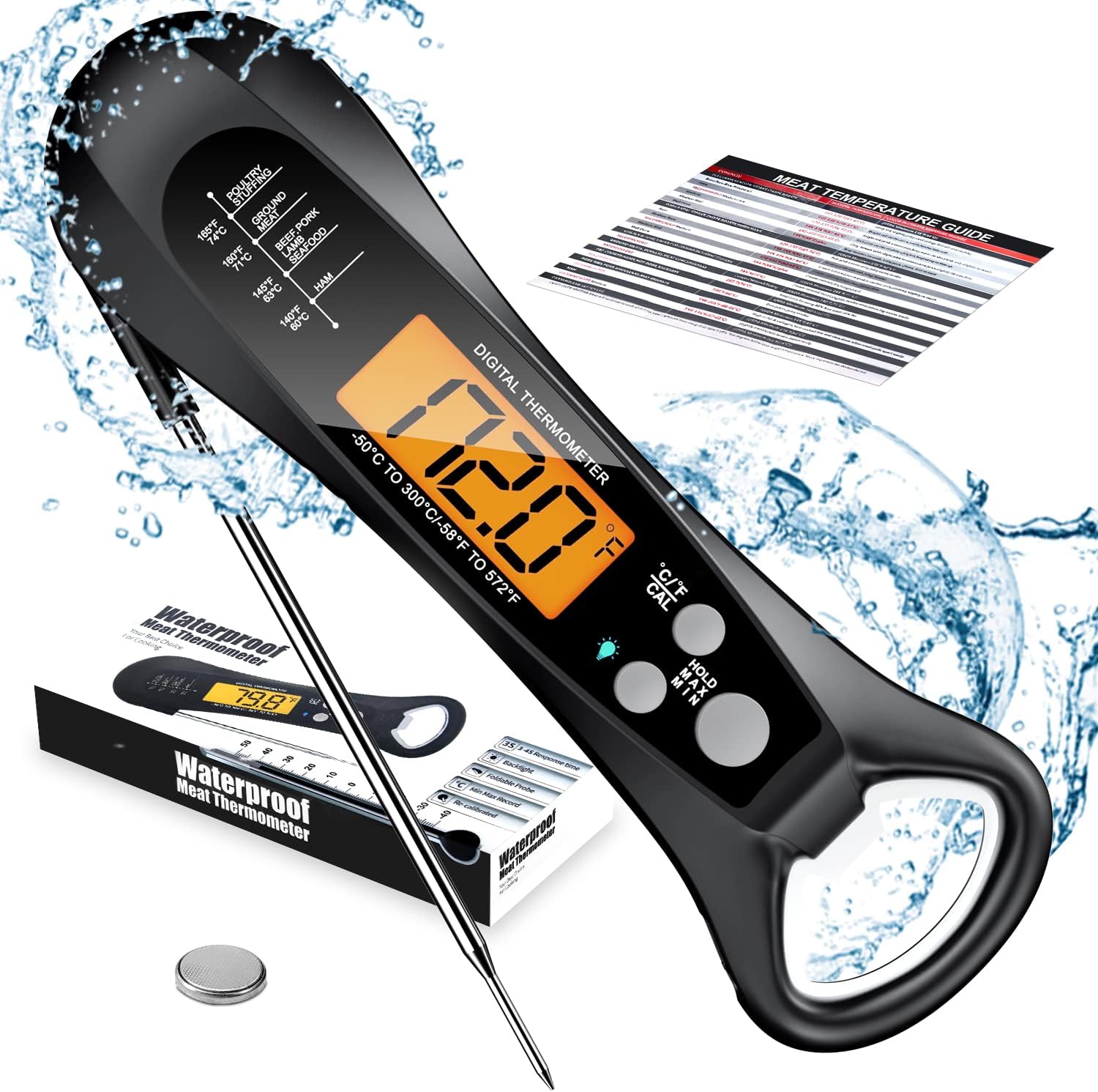 Meat Thermometer Digital, Instant Read Meat ThermometerI for Grill and Cooking, IP66 Waterproof Food Thermometer for Kitchen and Outside, BBQ, Turkey, Candy, Liquids, Beef