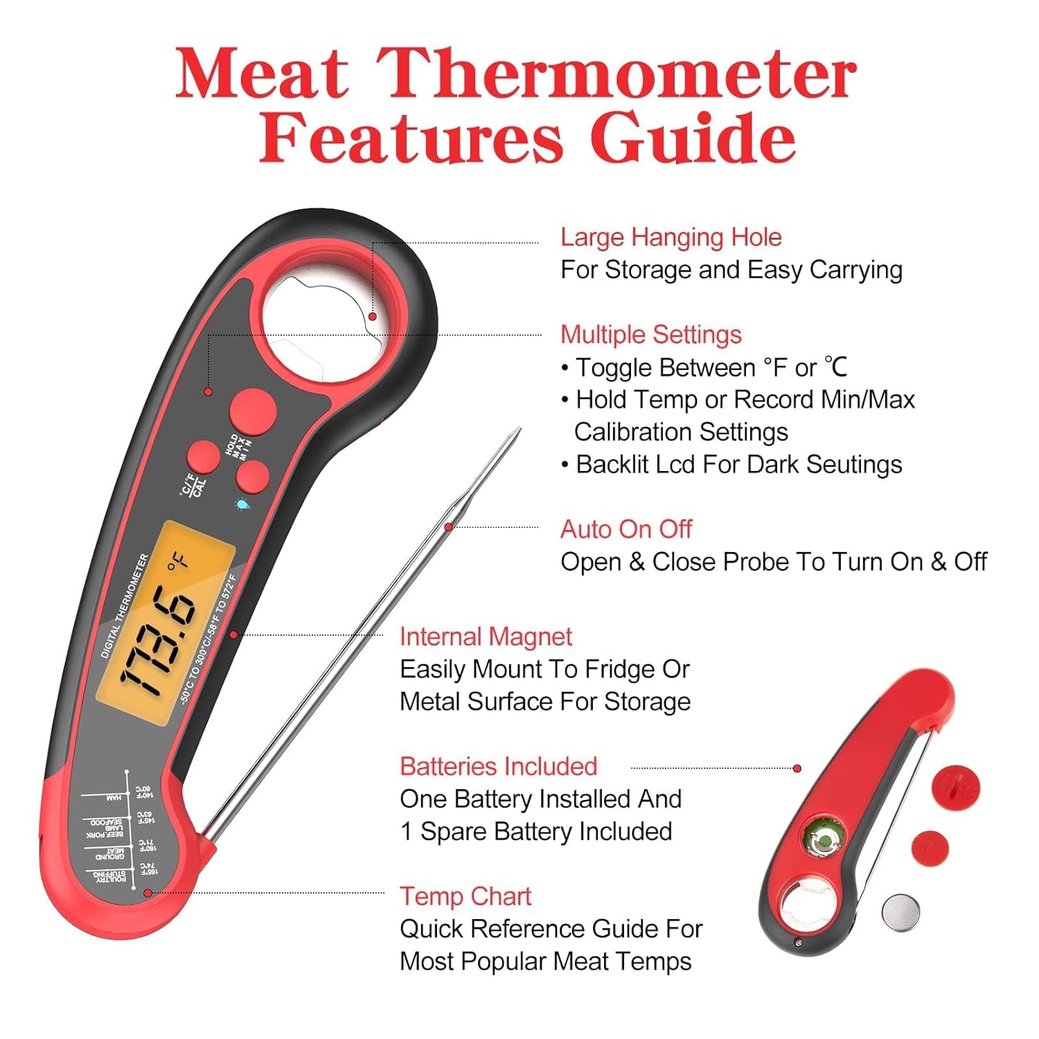 Meat Thermometer, Meat thermometers for Grilling Ultra-Fast Waterproof Meat Thermometer Digital with Backlight, Magnet, and Foldable Probe - Perfect for Grilling, Cooking, BBQ, Candy, and Deep Fry