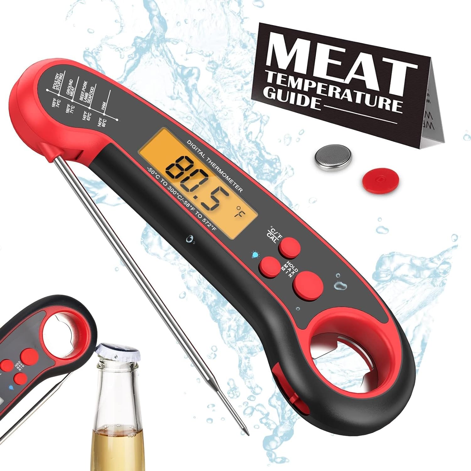 Meat Thermometer, Meat thermometers for Grilling Ultra-Fast Waterproof Meat Thermometer Digital with Backlight, Magnet, and Foldable Probe - Perfect for Grilling, Cooking, BBQ, Candy, and Deep Fry