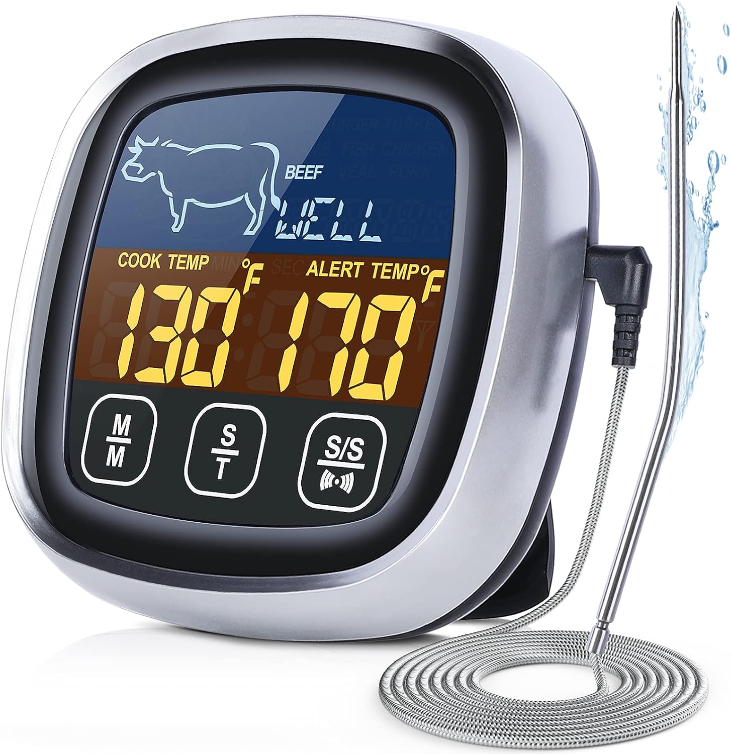 Meat Thermometer, with Long Probe, Digital Meat Thermometer with Large Touchscreen LCD, Kitchen Timer, Grill Thermometer, Cooking Food Meat Thermometer Instant Read for Smoker Kitchen BBQ Oven