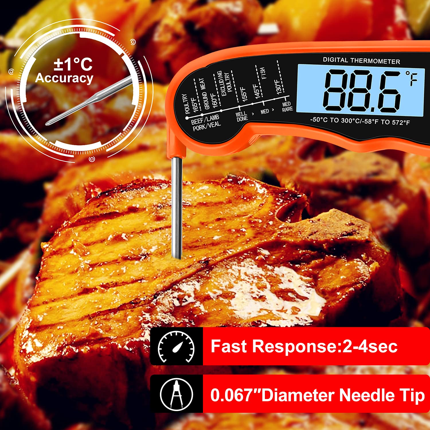 TP-01 Waterproof Digital Instant Read Meat LCD Thermometer with 4.6” Folding Probe Backlight  Calibration Function for Cooking Food Candy, BBQ Grill, Liquids,Beef(Black)