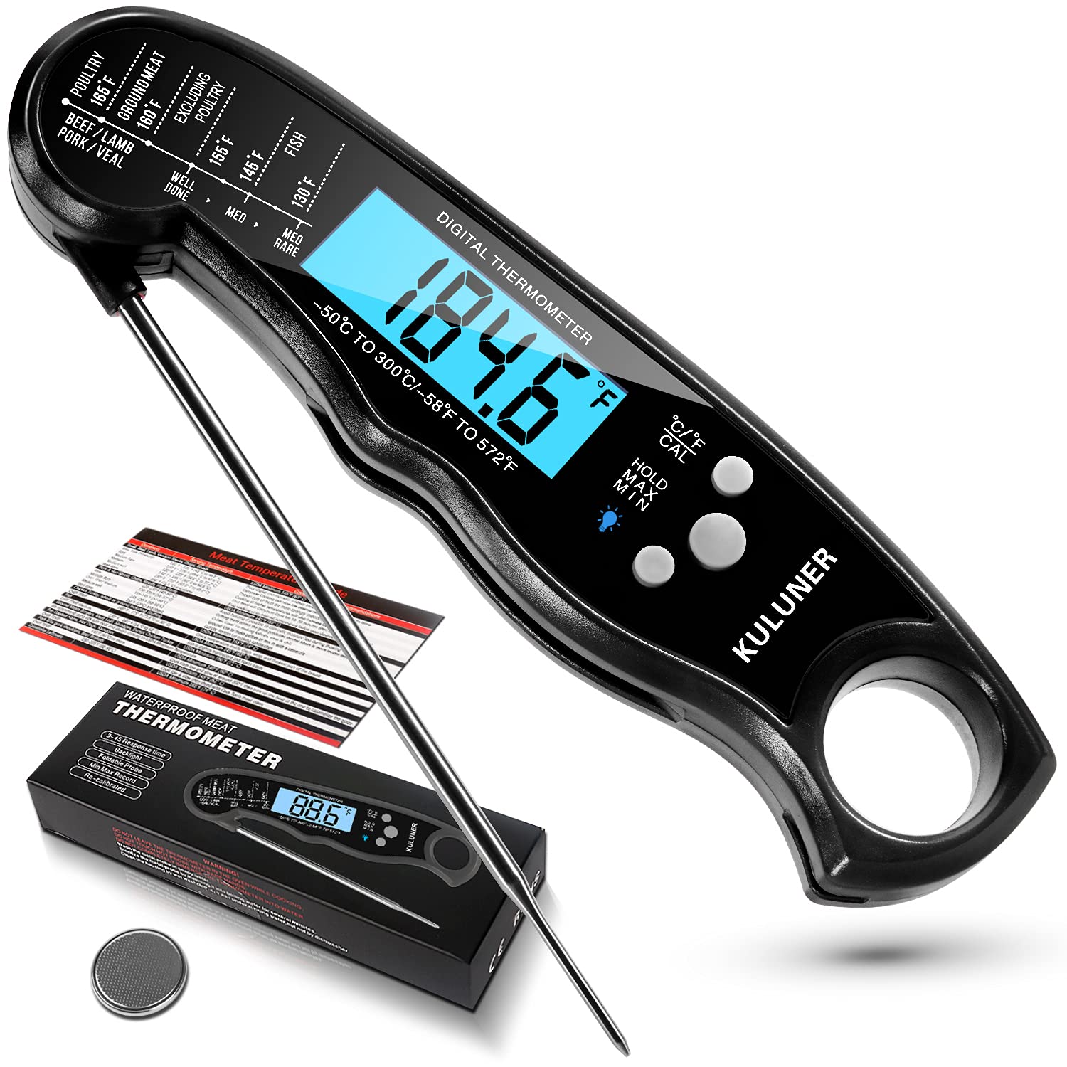 TP-01 Waterproof Digital Instant Read Meat LCD Thermometer with 4.6” Folding Probe Backlight  Calibration Function for Cooking Food Candy, BBQ Grill, Liquids,Beef(Black)