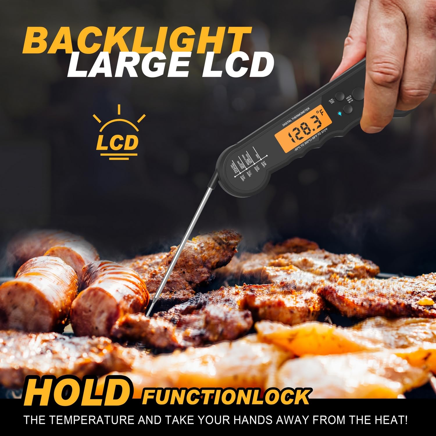 Waterproof Instant Read Digital Meat Thermometer for Cooking and Grilling, Food Thermometer with Backlight, Magnet, Calibration, and Foldable Probe, Bottle Cap Opener for Kitchen Gadgets, BBQ, Grill