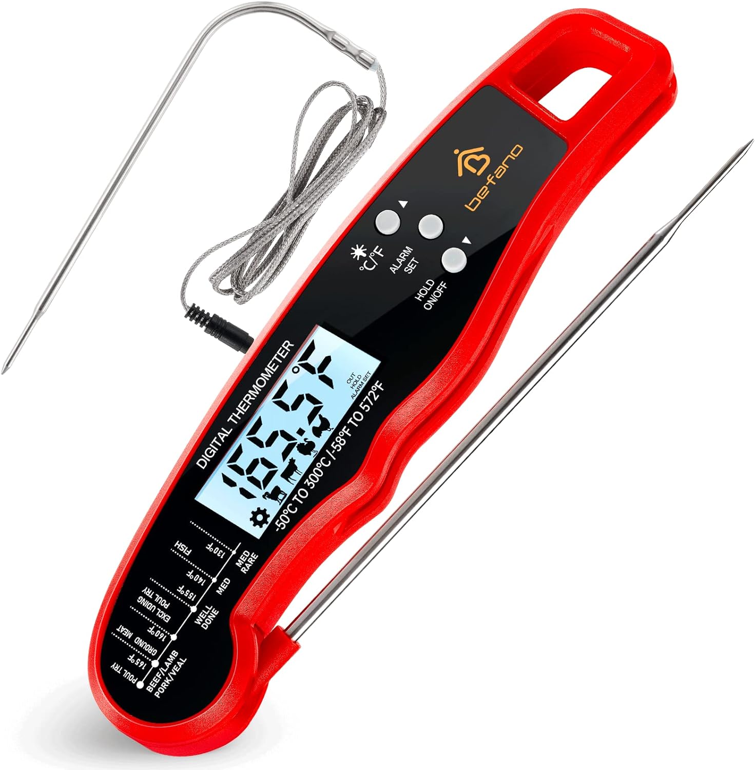 Befano Digital Meat Thermometer Instant Read, Waterproof Meat Thermometer with Backlight(No Batttery Included, Require 1PC Button Battery 2032 3V)