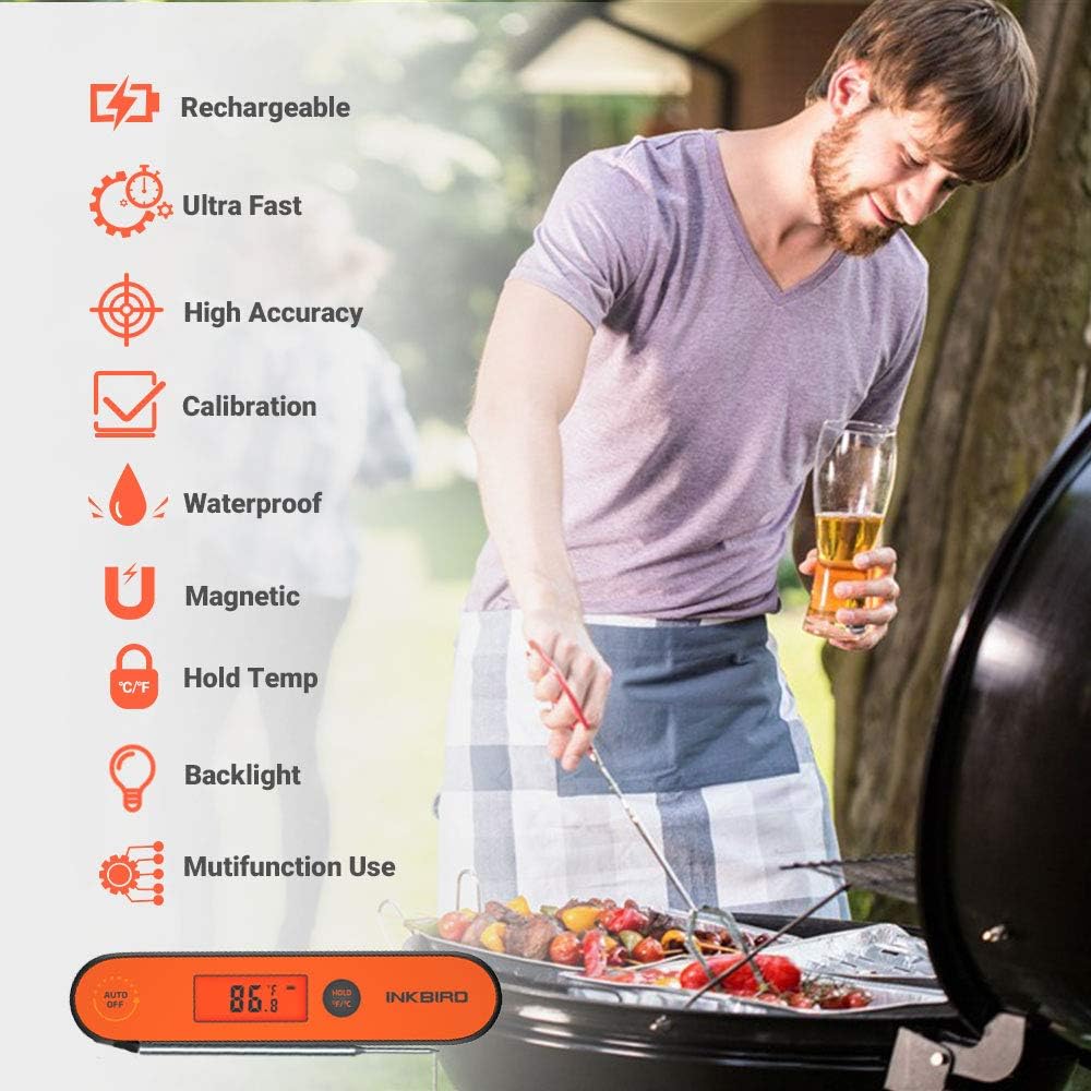 Inkbird Instant Read Meat Thermometer IHT-1P, Digital Waterproof Rechargeable Food Thermometer with Calibration, Magnet, Backlight for Cooking, Grill, Smoker, Kitchen, Turkey
