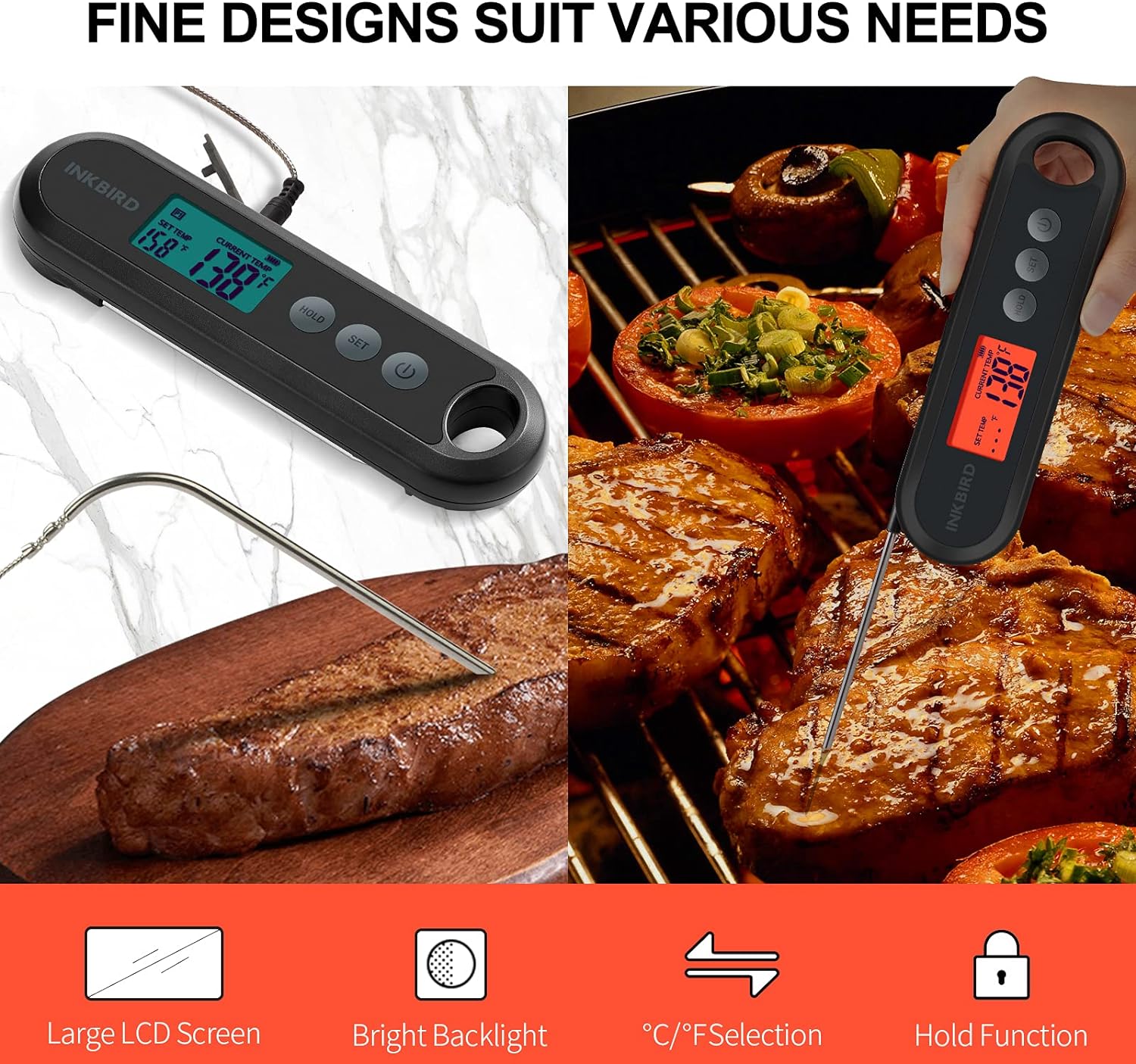 Inkbird Instant Read Meat Thermometer IHT-1P, Digital Waterproof Rechargeable Food Thermometer with Calibration, Magnet, Backlight for Cooking, Grill, Smoker, Kitchen, Turkey