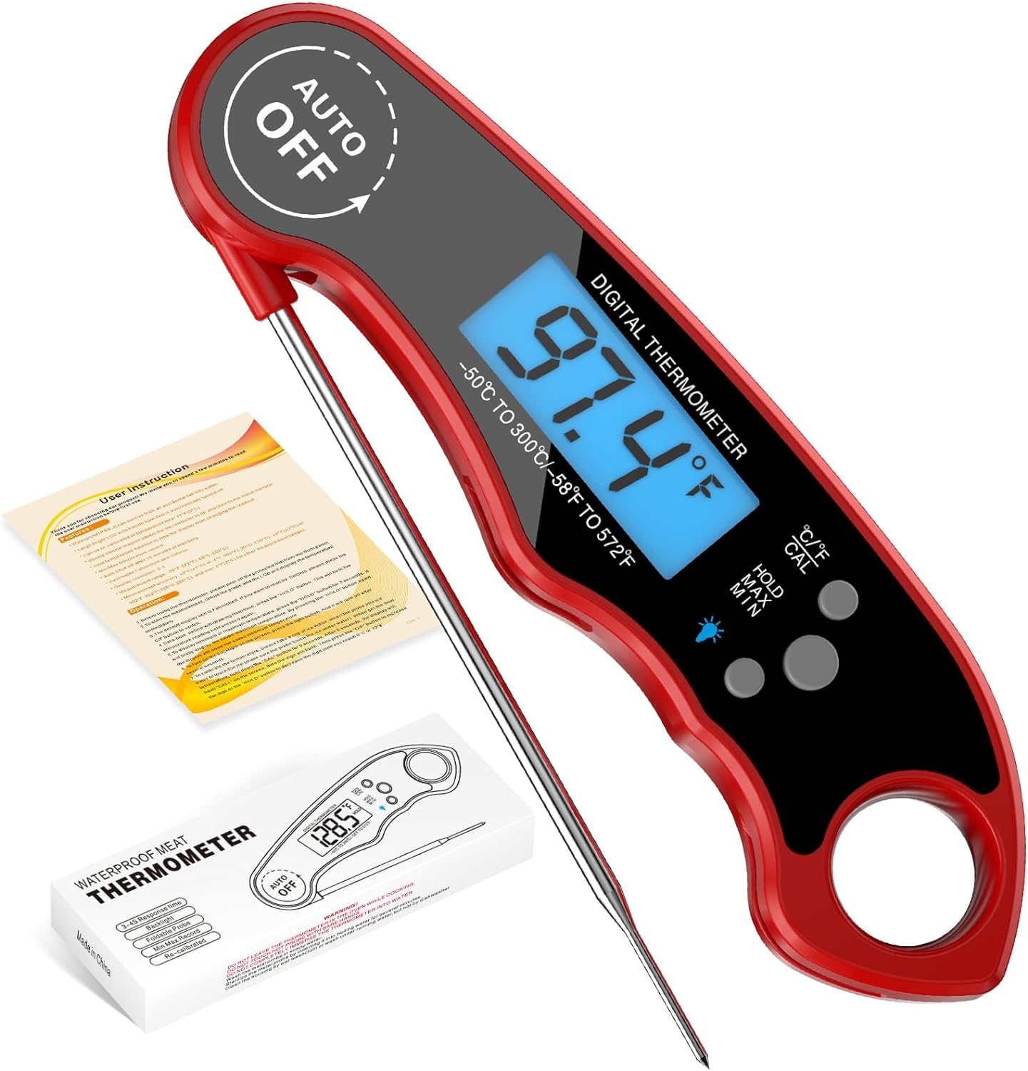 Kitchen Food Cooking Super Fast Thermometer Electric Probe with Backlight LCD, IP66 Waterproof Food Thermometer for Kitchen and Outside, BBQ, Turkey, Candy, Liquids, Beef