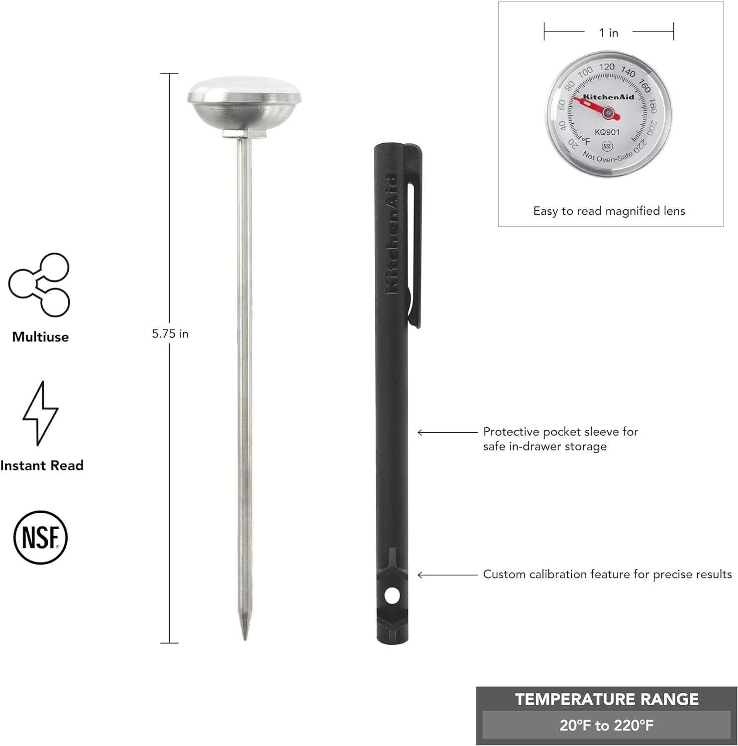KitchenAid Analog Instant Read Food and Meat Thermometer with 1.75-inch Dial, Recalibration Feature, Black Storage Sleeve