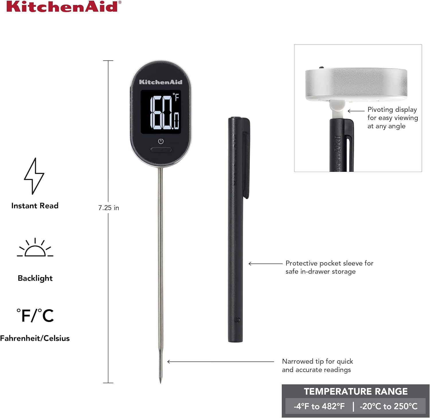 KitchenAid KQ904 Digital Instant Read Kitchen and Food Thermometer, TEMPERATURE RANGE: -40F to 482F, Black