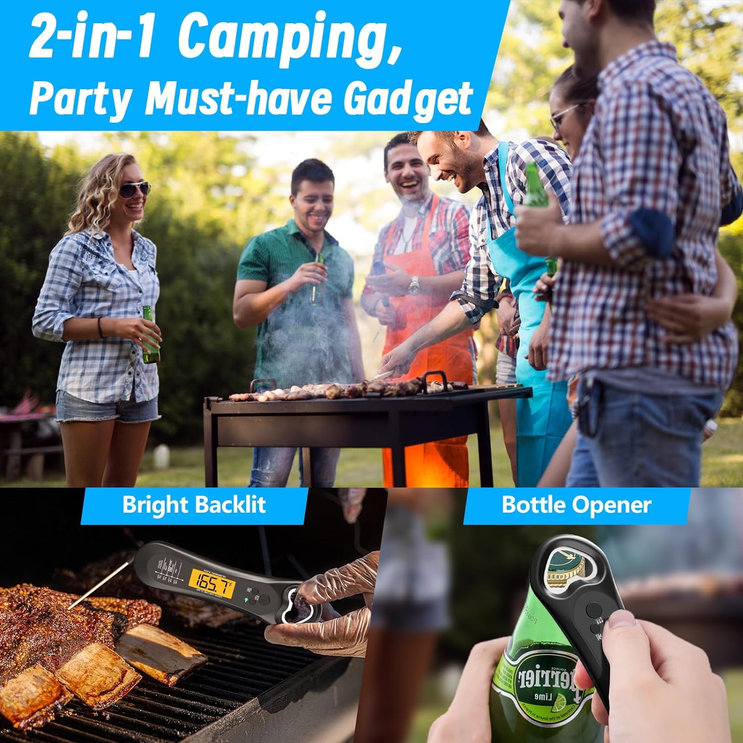 Meat Thermometer for Grilling, Digital Instant Read Food Thermometer with Bottle Cap Opener, Kitchen Gadgets with Backlight  Calibration for Candy, BBQ, Grill,Liquids, Beef, Turkey