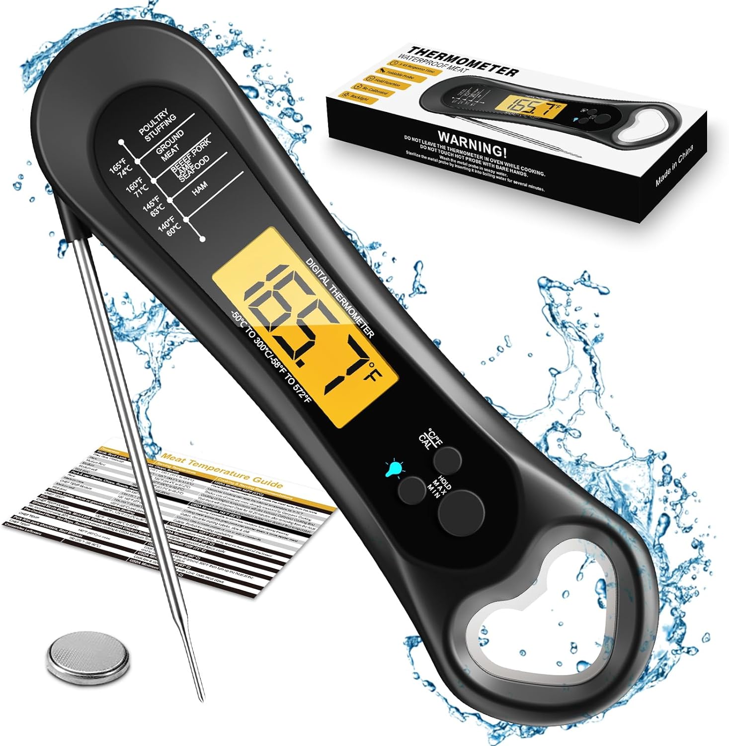 Meat Thermometer for Grilling, Digital Instant Read Food Thermometer with Bottle Cap Opener, Kitchen Gadgets with Backlight  Calibration for Candy, BBQ, Grill,Liquids, Beef, Turkey