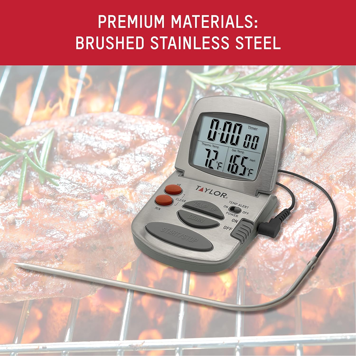 Taylor Programmable with Timer Instant Read Wired Probe Digital, Meat, Food, Grill BBQ Cooking Kitchen Thermometer with Timer, Gray