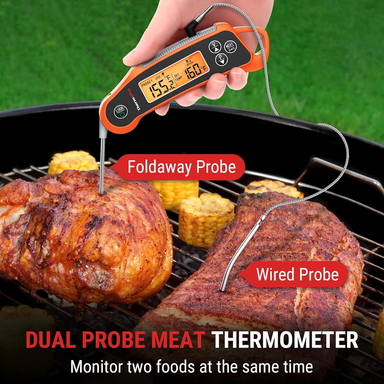 ThermoPro TP710 Instant Read Meat Thermometer Digital for Cooking, 2-in-1 Waterproof Kitchen Food Thermometer with Dual Probes and Dual Temperature Display for Oven, Grilling, Smoker  BBQ