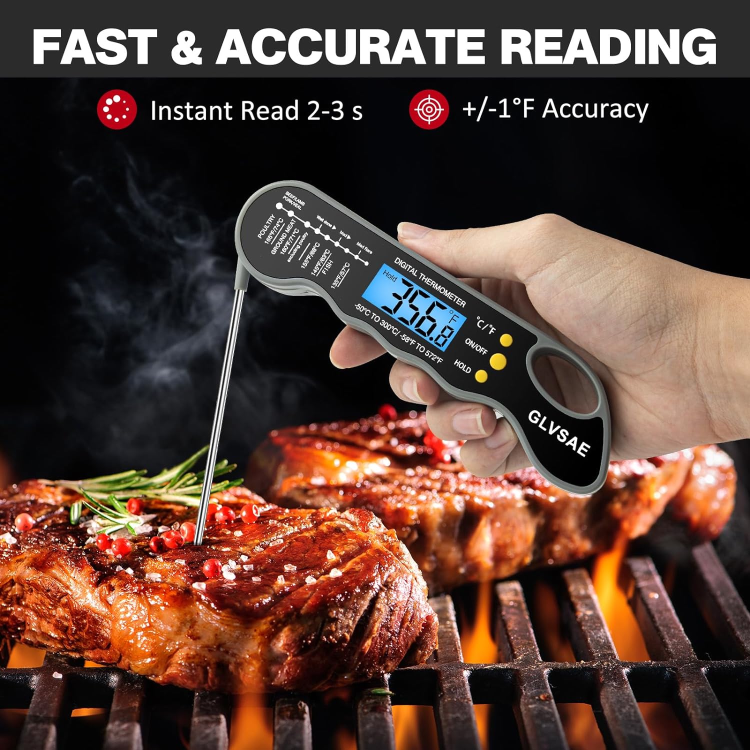 Waterproof Digital Instant Read Meat Thermometer with 4.6” Folding Probe Backlight  Calibration Function for Cooking Food Candy, BBQ Grill, Liquids,Beef by GLVSAE